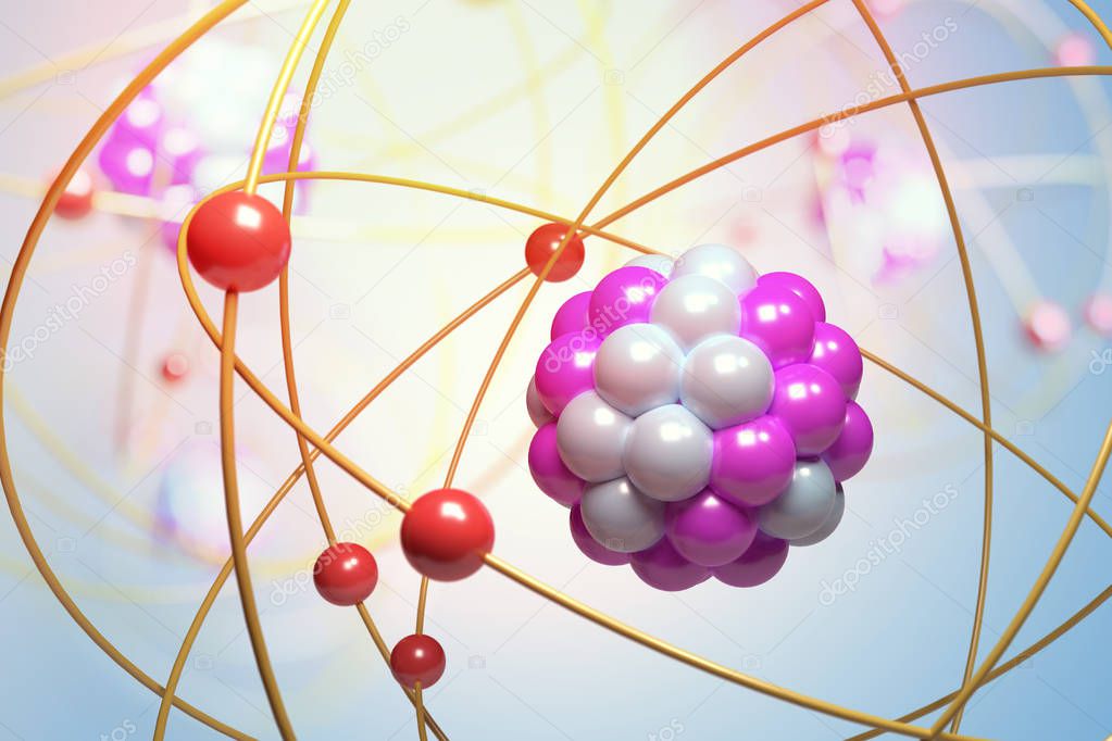 Elementary particles in atom. Physics concept. 3D rendered illus