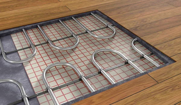 Επιδαπέδια θέρμανση σύστημα κάτω από το ξύλινο πάτωμα. 3D τετηγμένα εικ — Φωτογραφία Αρχείου