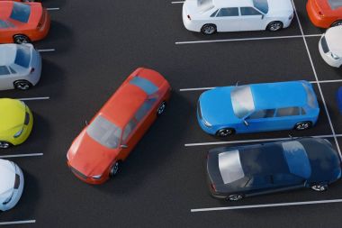 Araba park yerine park ediyor. 3D render illüstrasyon. Görünüm fr