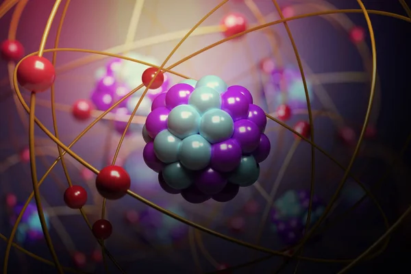 Particules élémentaires dans l'atome. Concept de physique. 3D rendu illus — Photo