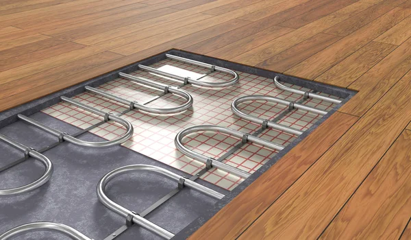 Sistema de calefacción por suelo radiante bajo suelo de madera. Ilustración 3D — Foto de Stock