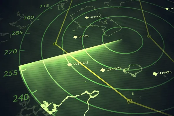 Military radar screen is scanning air traffic. 3D rendered illus