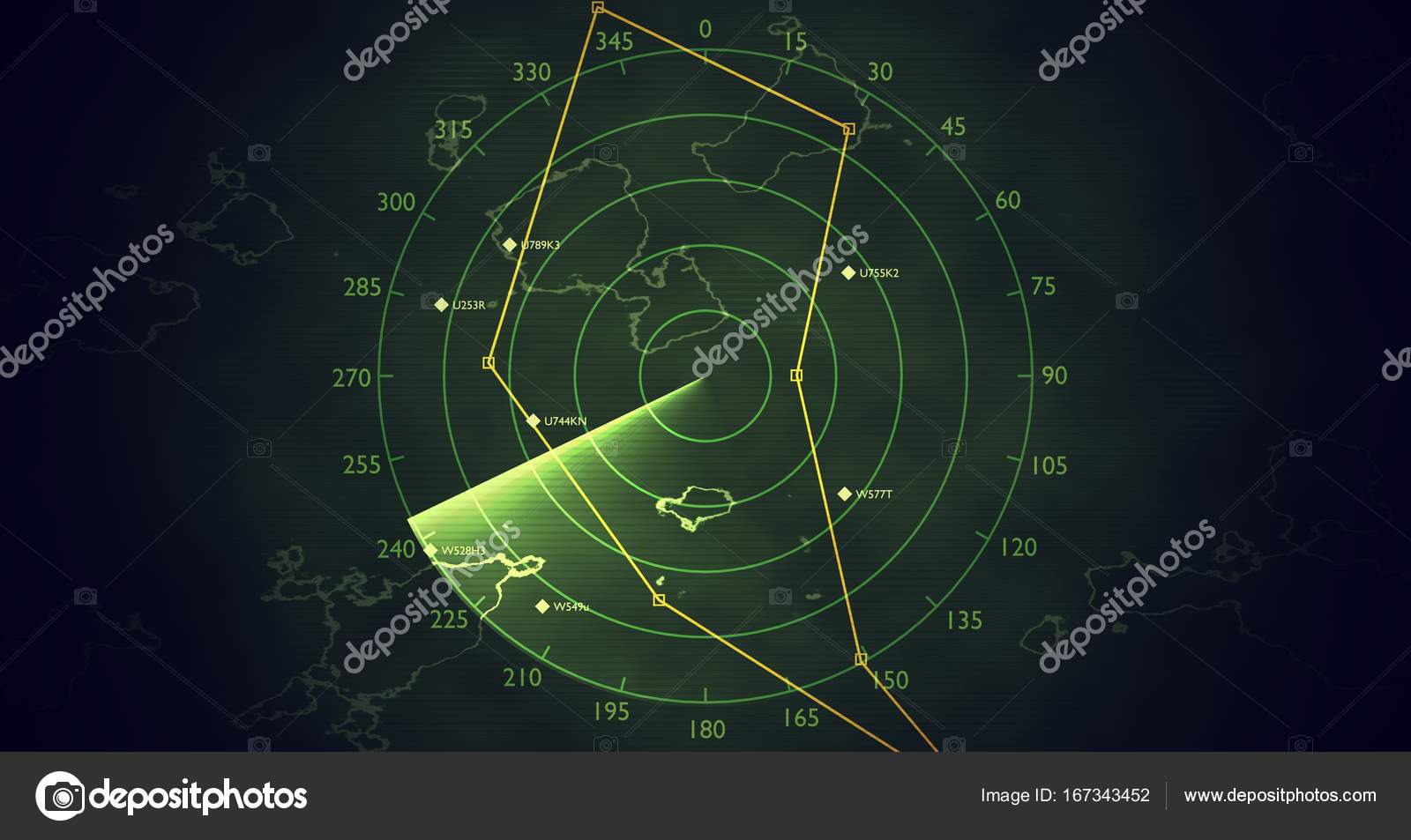 Military radar screen is scanning air traffic. 3D rendered ...