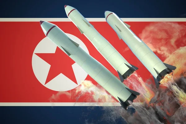 Launch of nuclear missiles. North Korean flag in background. 3D rendered illustration.