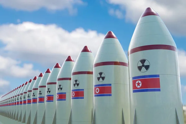 Muchos misiles nucleares con bandera norcoreana. Ilustración 3D —  Fotos de Stock