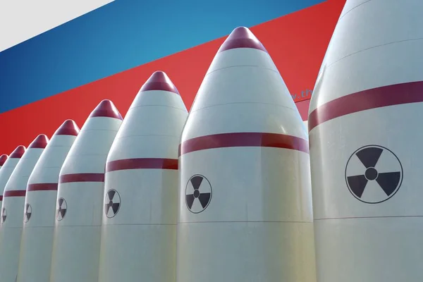 Nuclear missiles and Russian flag in background. 3D rendered ill — Stock Photo, Image