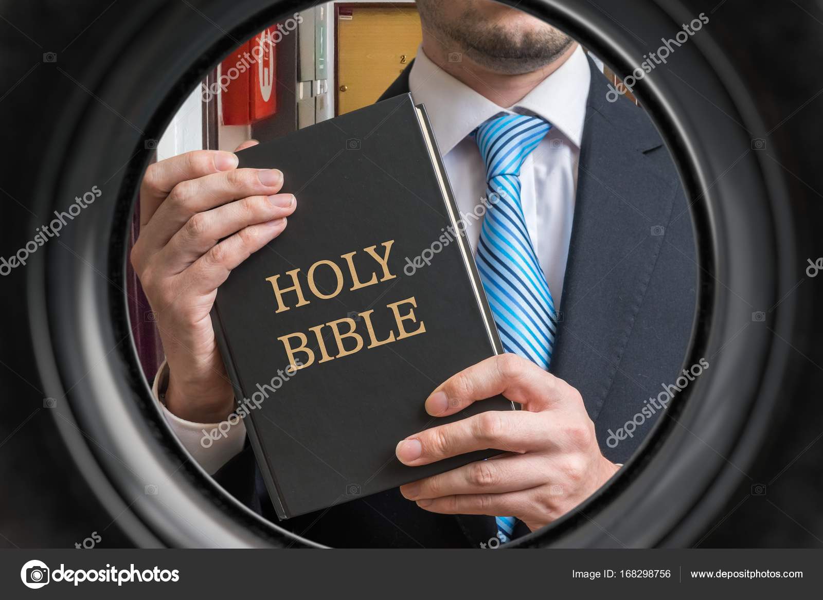 Jehovah Witness Is Showing Bible Behind Door View From