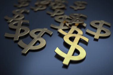 Siyah arka plan üzerine birçok altın dolar işareti. 3D render illust