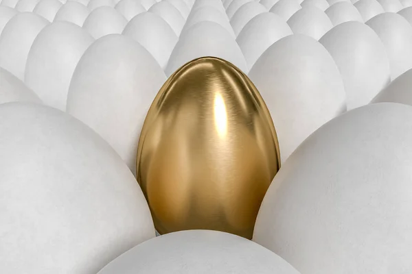 Unique one golden egg and many white eggs. 3D rendered illustrat — Stock Photo, Image