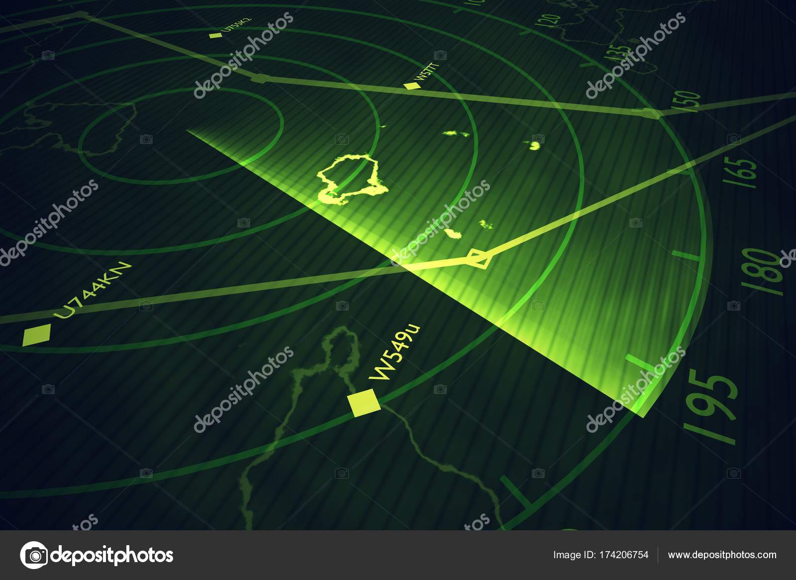 Military radar screen is scanning air traffic. 3D rendered illus Stock ...
