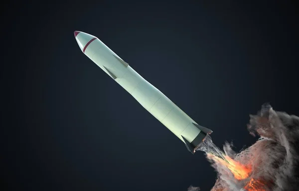 Lancering van nucleaire raket op zwarte achtergrond. 3D-gerenderde illus — Stockfoto