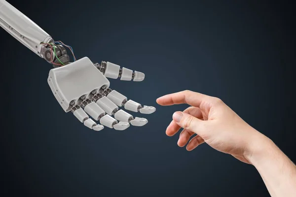 Roboterhand und menschliche Hand berühren sich. Künstliche Intelligenz — Stockfoto