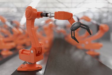 Sanayi 4.0 konsept. Fabrikada robot savaş silahları. 3D render illus