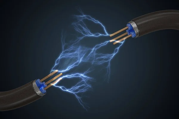 Hochspannungskonzept. Strom funkelt aus Kabeln. 3D-Darstellung — Stockfoto