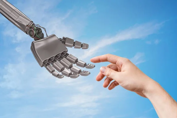 La mano de robot y la mano humana son conmovedoras. Inteligencia artificial —  Fotos de Stock