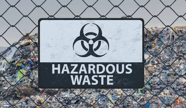 3D rendered illustration of hazardous waste sign on chain link f — Stock Photo, Image