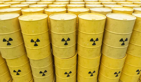 Muchos barriles de residuos radiactivos. Concepto de vertido de residuos nucleares. 3. — Foto de Stock