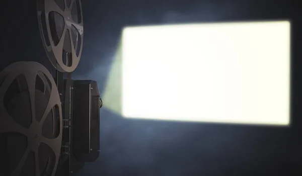 Vintage movie projector is projecting blank screen on wall. 3D r — Stock Photo, Image