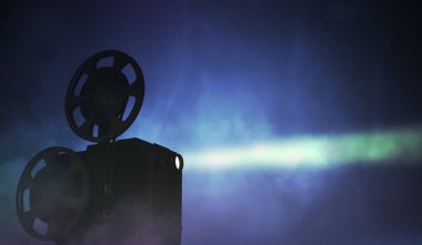 Retro film projektör koyu arka plan üzerinde silüeti. 3D render