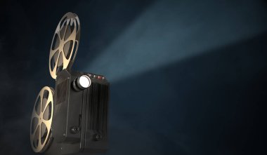 Vintage film projektör koyu arka plan üzerinde. 3D render illustra
