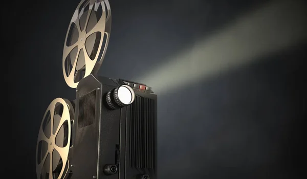 Retro movie projector on dark background. 3D rendered illustrati