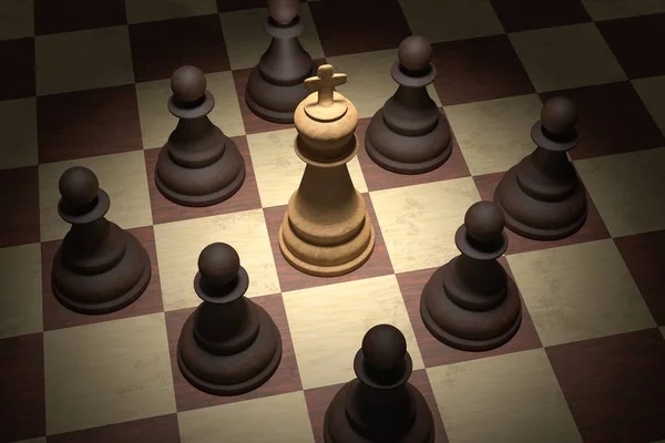 Schachmatt im Schach. Der weiße König ist von schwarzen Bauern umgeben. 3d — Stockfoto