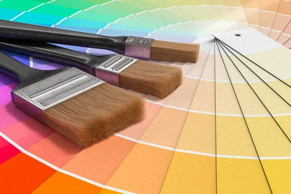 Color palette - guide of paint samples and painting brushes. 3D — Stock Photo, Image