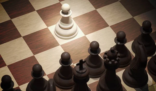 Movimiento de apertura de ajedrez - peón en el centro del tablero. Vista desde arriba. 3D — Foto de Stock