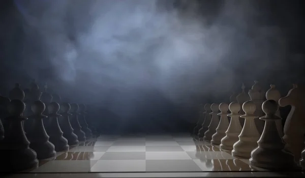 Comienza la partida de ajedrez. Piezas de pie en filas. Ilustración 3D — Foto de Stock
