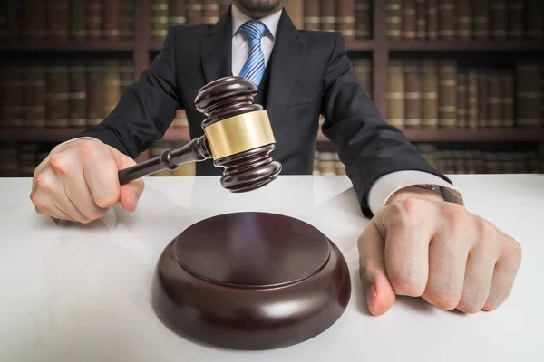 Justice concept. Lawyer is hitting with gavel. — Stock Photo, Image