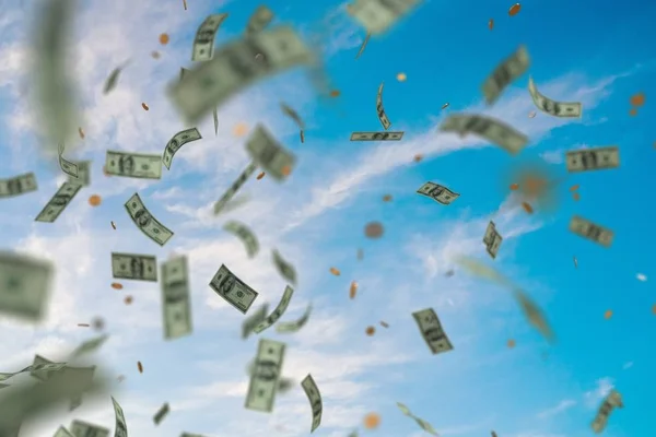 Dinheiro a chover e a cair do céu. Ilustração renderizada em 3D — Fotografia de Stock