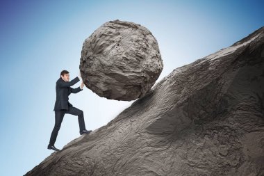 Sisyphus metaphore. Young businessman pushing heavy stone boulde clipart