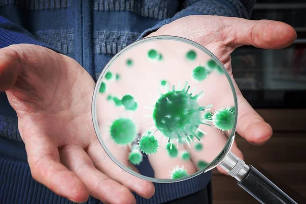 Hygiene concept. Man is showing dirty hands with many viruses an — Stock Photo, Image