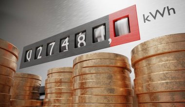 Electrometer güç tüketimi ölçmek. Paralar ön planda. Pahalı elektrik kavramı. 3D render illüstrasyon.