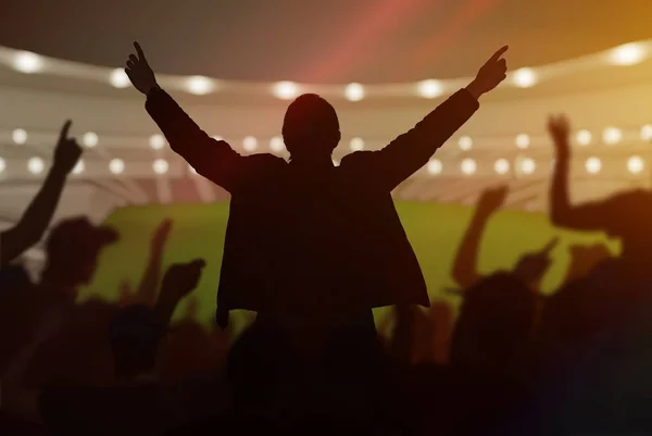 Silhouettes of happy cheerful sport fans at stadium. — Stock Photo, Image