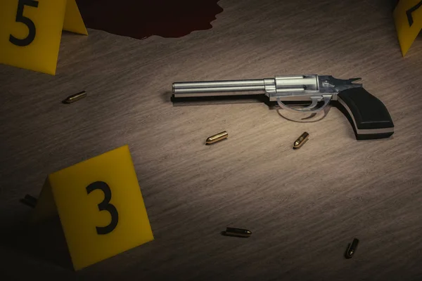 Escena del crimen. Investigación de asesinato. Pistola y balas en madera —  Fotos de Stock