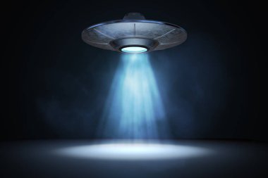Ufo (uzay gemisi) uçan gelen ışık demeti. 3D render illust