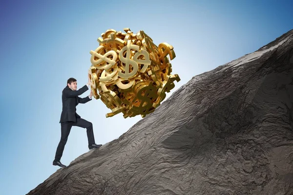 Sisyphus metaphore. Young businessman is maximizing earnings and — Stock Photo, Image