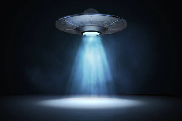 비행 Ufo (외계인 우주선)에서 광 빔 3d 렌더링된 illust — 스톡 사진