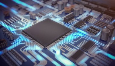 3D render illüstrasyon mikroçip ile elektronik devrenin bir