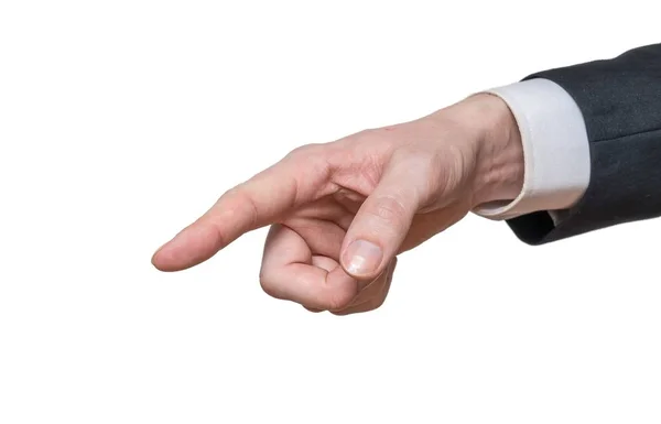 Hand of businessman is pointing left. Isolated on white backgrou — Stock Photo, Image