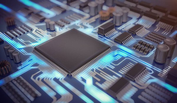 3D rendered illustration of electronic circuit with microchips a