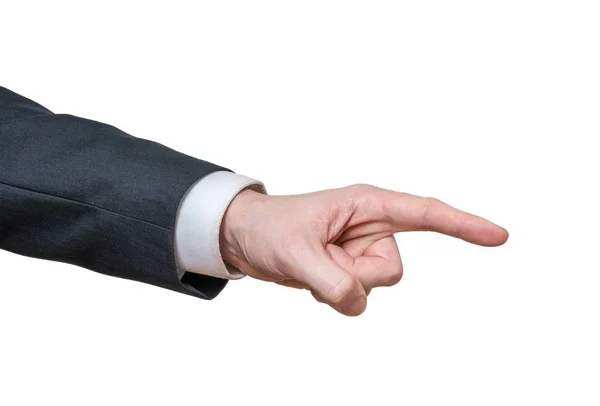 Hand of businessman is pointing right. Isolated on white backgro — Stock Photo, Image