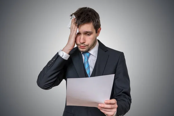 Nervous man is afraid of public speech and sweating. — Stock Photo, Image