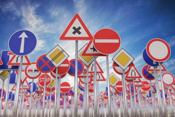 Many road signs against blue sky. 3D rendered illustration.