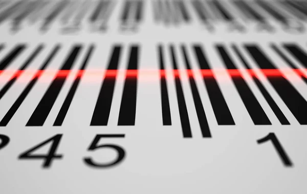Nahaufnahme auf rotem Laser scannt Etikett mit Barcode auf Profi — Stockfoto