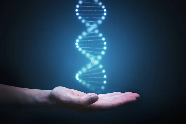 Концепция Исследования Днк Генетики Рука Держит Руке Светящуюся Молекулу Днк — стоковое фото