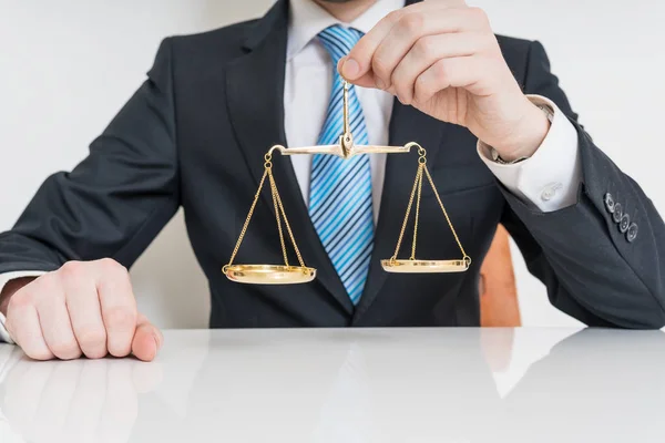 Law Justice Concept Lawyer Holding Justice Scales Hand — Stock Photo, Image