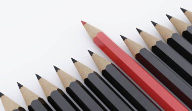 One red pencil and many black pencils on white background. 3D re