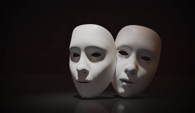 White theater masks on black background. 3D rendered illustratio